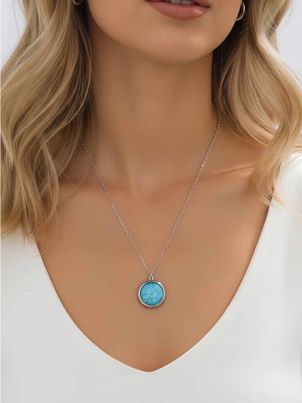 White Gold Plated Eternal Love Circular Turquoise Pendant Locket Necklace. New.